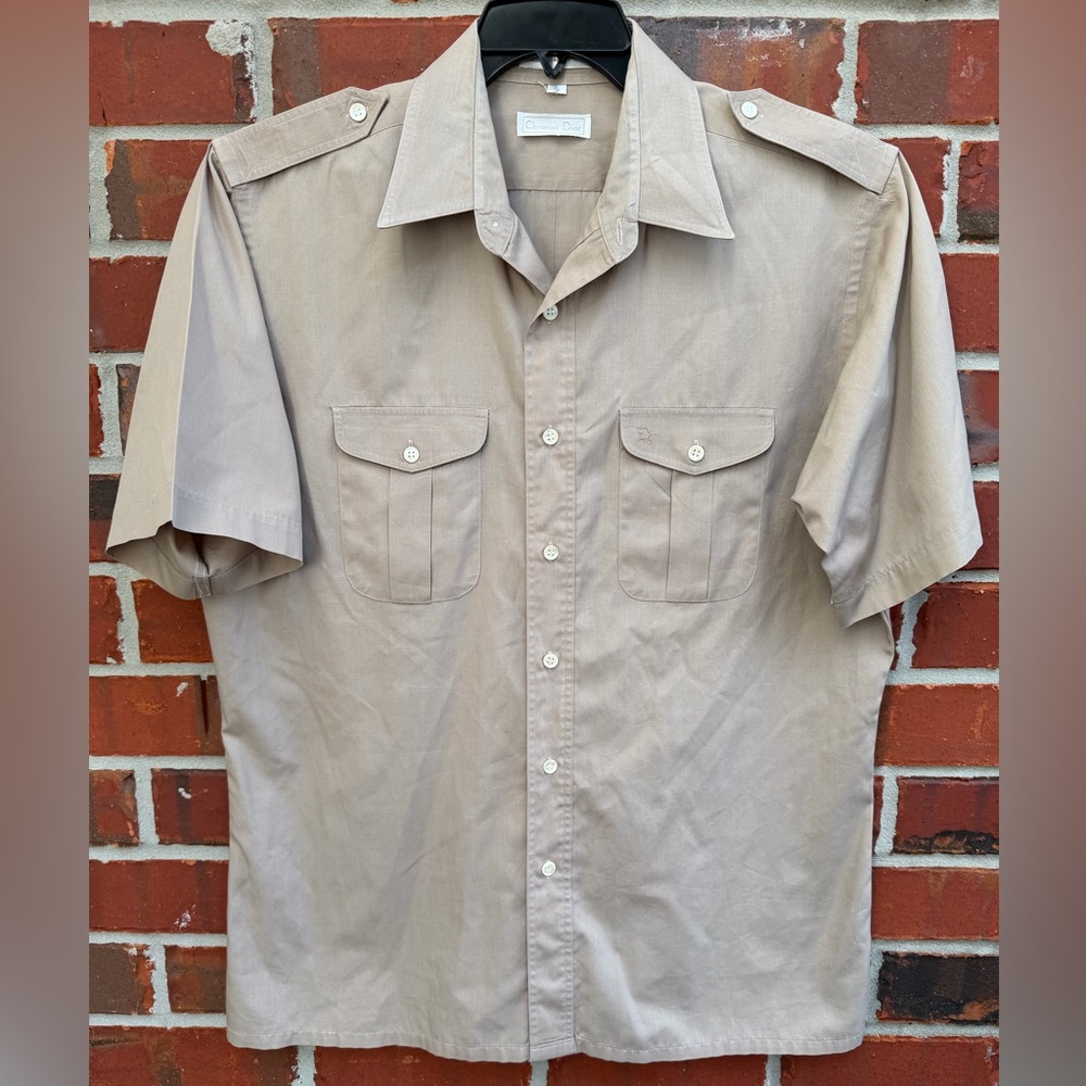Vintage Christian Dior Men's Large Tan Short Sleeve Button Up Safari Shirt M7
